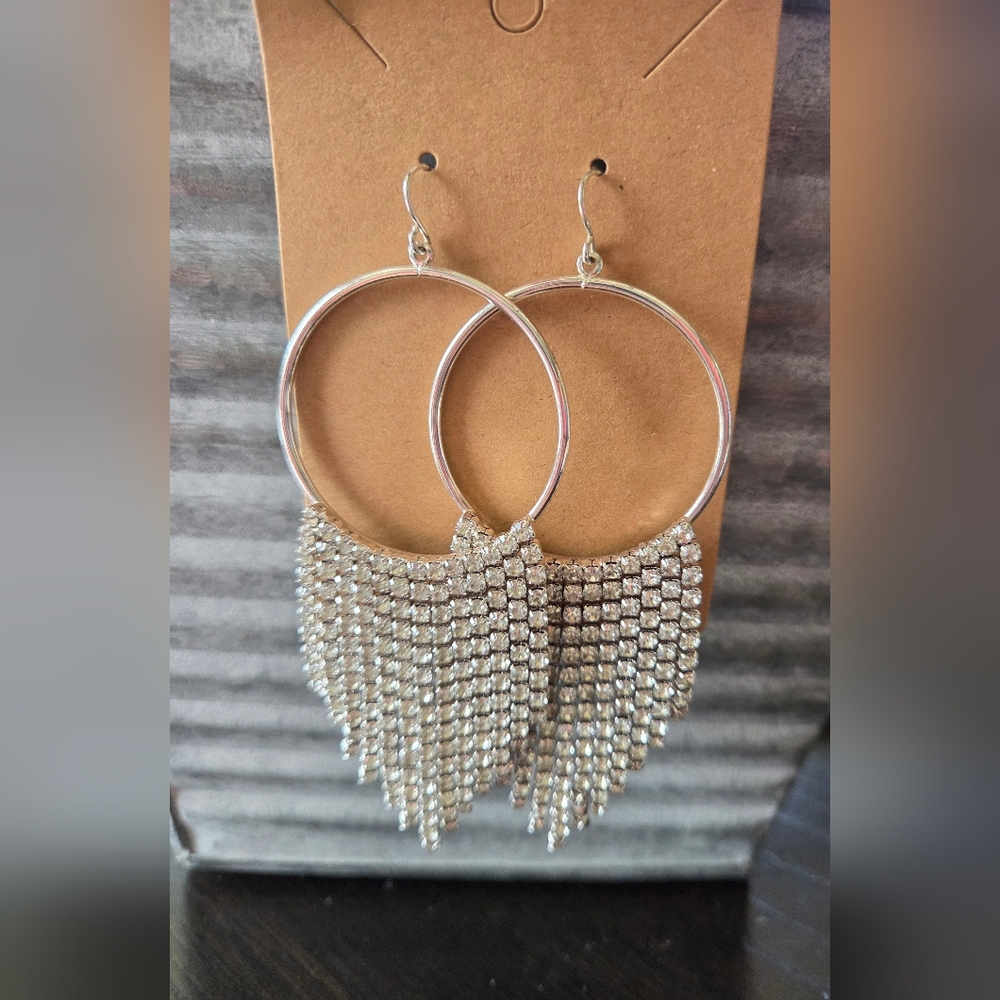 Silver Hoop Earrings with Crystal Fringe